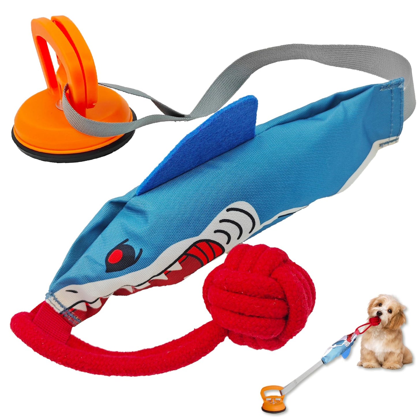 ETIAL Squeaky Dog Tug Toy, Interactive Shark Shape Tug of War Pet Pull Toy with Suction Cup to Keep Them Busy, Teeth Cleaning Dog Rope Toys for Small Medium Puppy Indoor or Outdoor Play