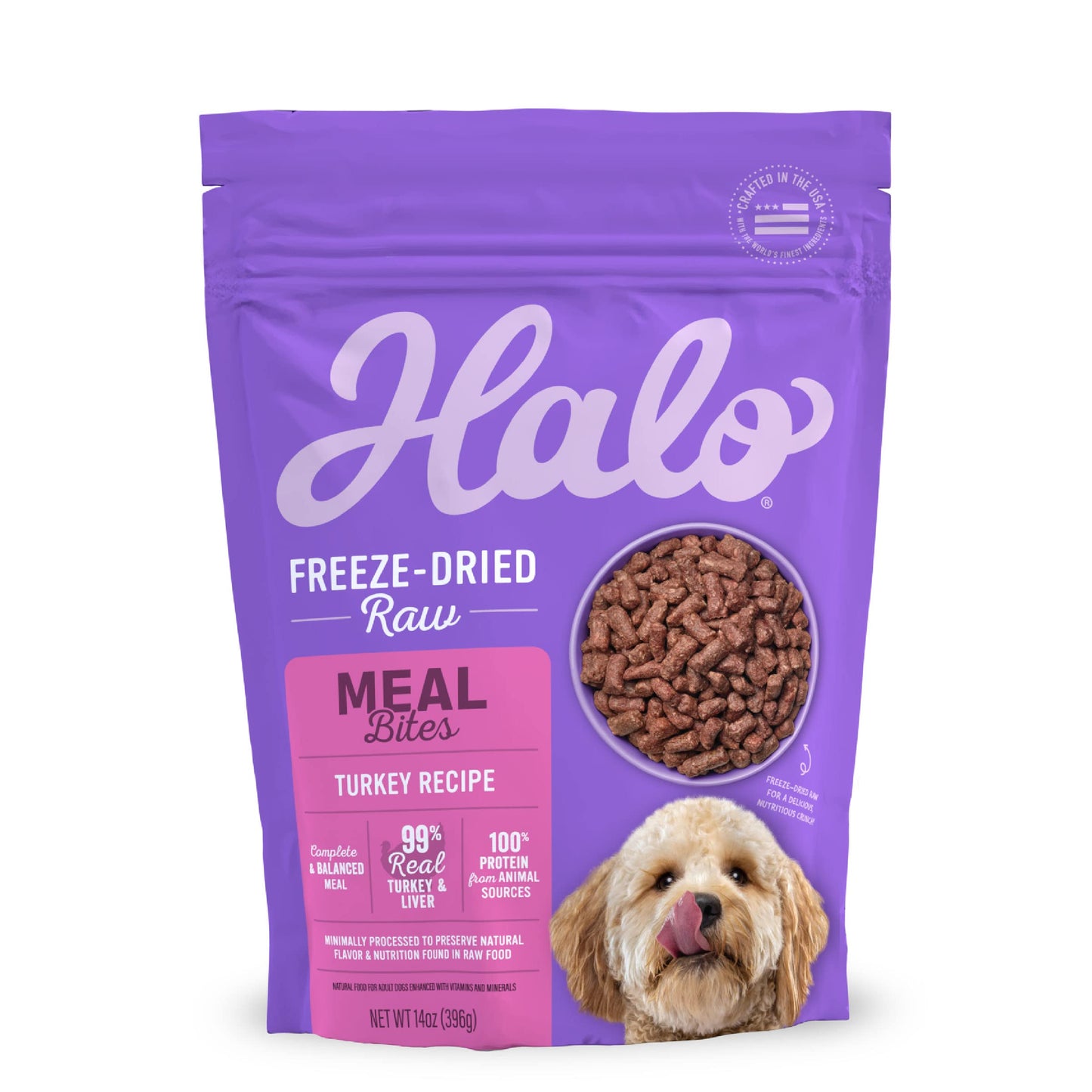 Halo Freeze Dried Raw Dog Food, Turkey Recipe, 100% Protein Source, Real Meat for Natural Energy, Meal Bites, 14 Oz Bag