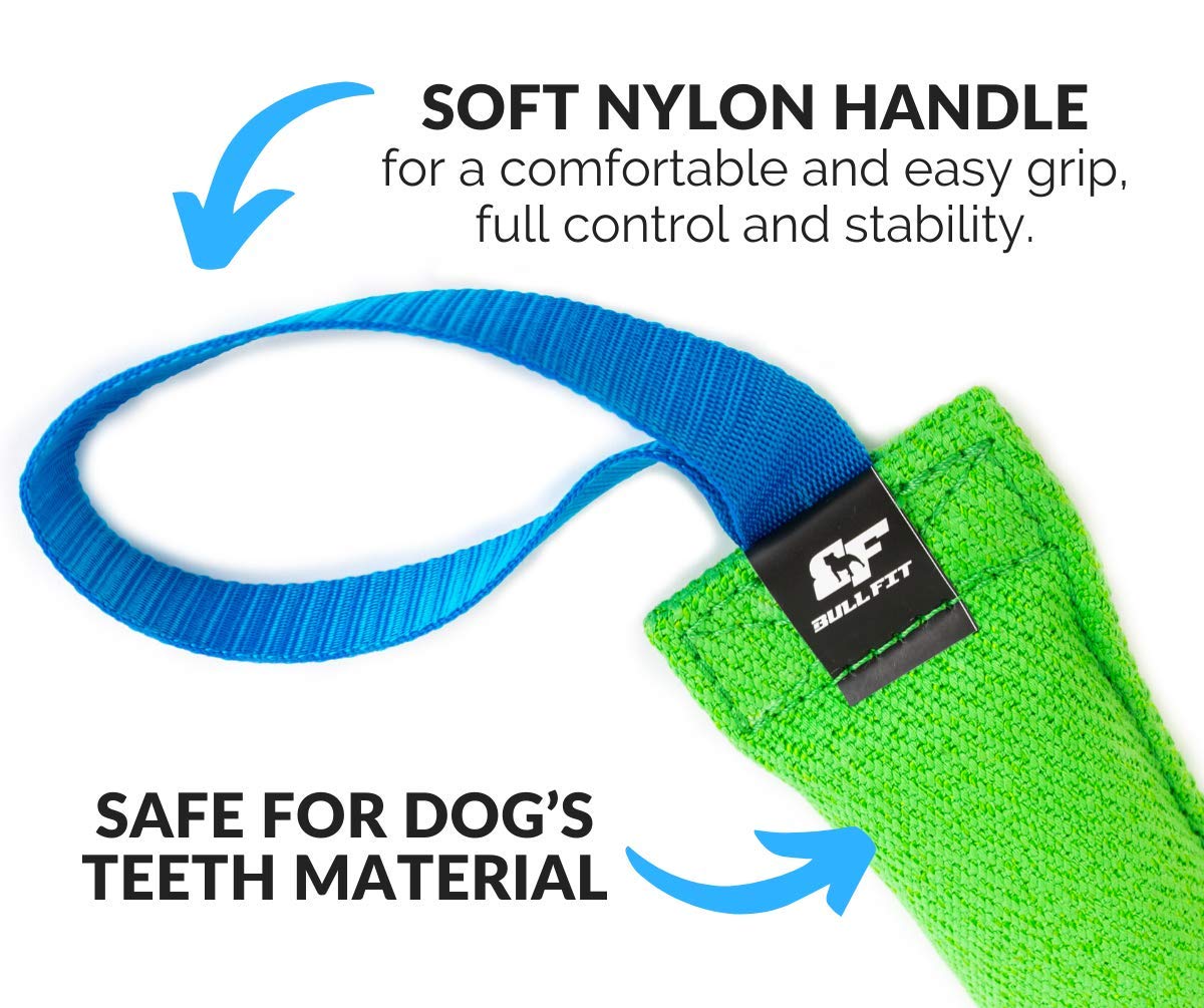 Bull Fit K9 Dog Bite Tug Toy with 2 Strong Handles - Made of Durable & Tear-Resistant French Linen - Perfect for Tug of War, Fetch & Puppy Training - Ideal for Medium to Large Breeds