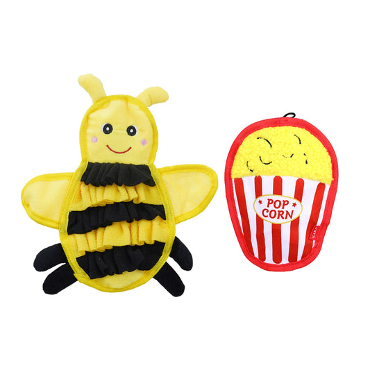 Thymat Interactive No Stuffing Dog Toys 2-Pack for Small, Medium, and Large Breeds, Squeaky Fries & Crinkle Bee Snuffle Mat