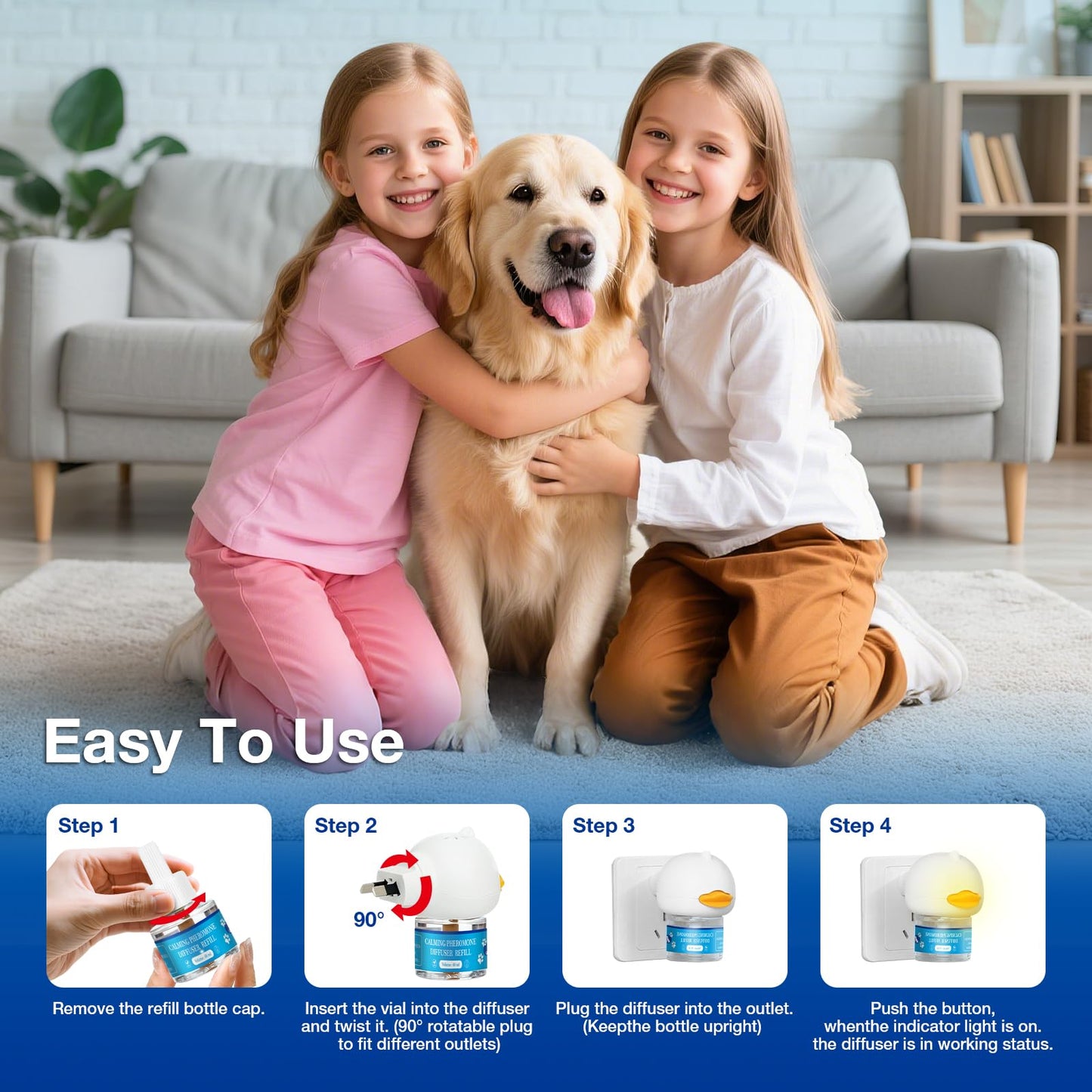 Dog Calming Pheromones Diffuser 3 in 1 Kit Appeasing Pheromone Diffuser to Calm (2 Plug in+2 Pack 48ml Refill) for Anxiety Relief Reduce Aggression Fighting Barking Stress 60 Day Supply(Tasteless)