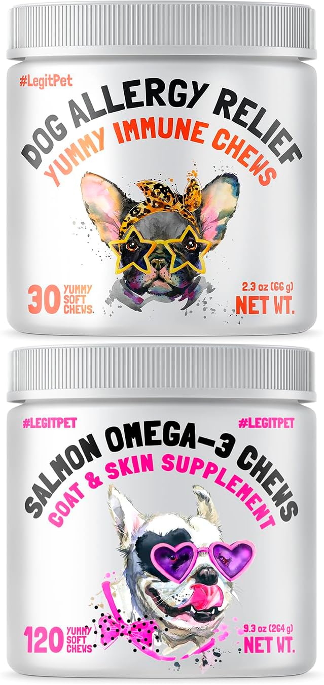 Omega 3 + Glucosamine Treats Bundle - Allergy and Itch Relief + Old Dog Joint Pain Relief - EPA & DHA Fatty Acids + Chondroitin - Hot Spots Treatment + Hip & Joint Care - 180 Fish Oil Chews + 120Ct