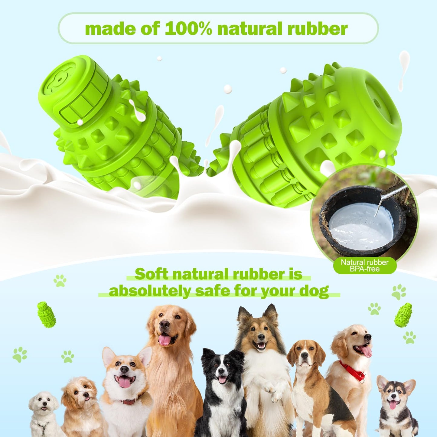 PIFFZEDO Dog Toys for Aggressive Chewers,Interactive Natural Rubber Chew & Squeaky Toy for Large Medium Breed,Dog Toothbrush,Tough & Durable (Green,Large)