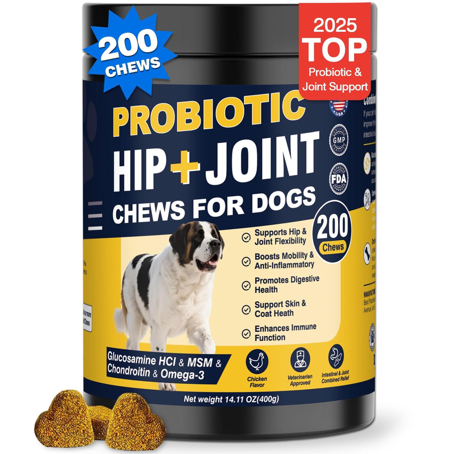 Hip and Joint Supplement for Dogs Dog Probiotics Glucosamine Chondroitin MSM Chew for Dog Arthritis Pain Relief Extend Joint Care, Probiotic for Digestive/Gut Health for Large/Small/Senior Breed Dogs