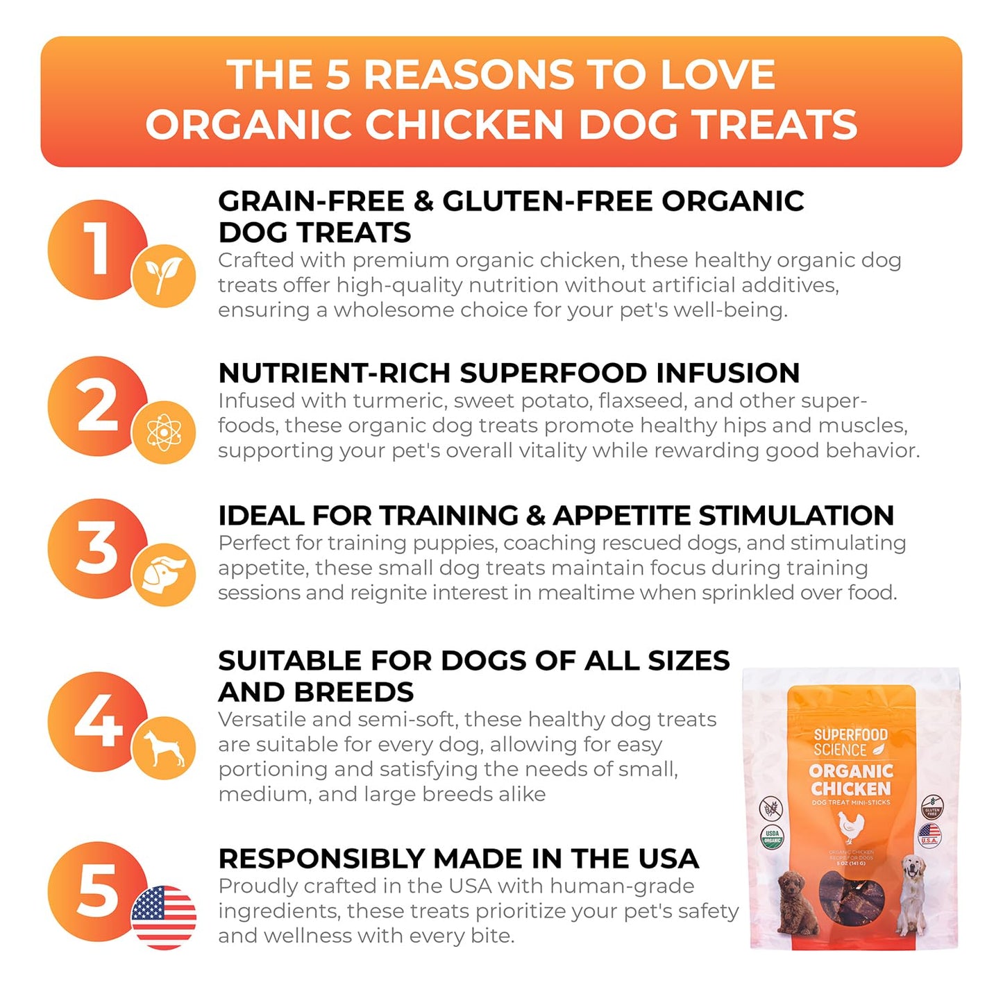 Organic Chicken & Turkey Dog Snacks, USA-Made Jerky Sticks, Healthy Training Treats, All Natural, For All Dog Sizes, 2 Pack, 5 OZ Each