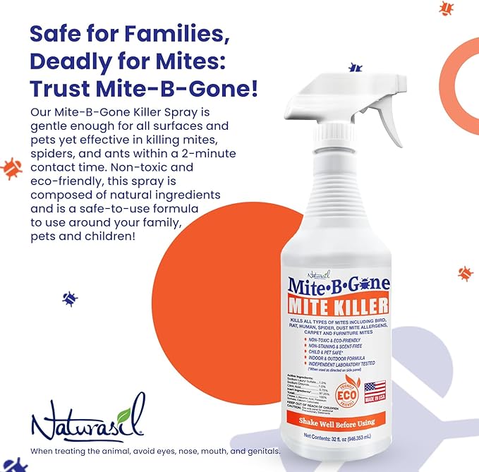 Mite Killer Spray by Mite-B-Gone Treatment — Kills Human Mites, Dust, Spider, Rat, Carpet & Bird Mites in Homes, Furniture, Bedding, Auto & On Animals | Non-Toxic | Kid & Pet Safe | 32oz Spray