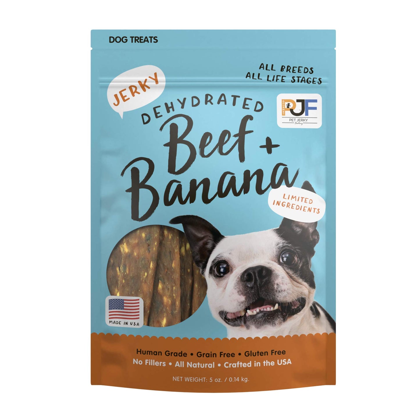 Pet Jerky Factory Premium Beef and Banana 5 oz. Dog Jerky Treats | 100% Human Grade | USA Made | High Protein | Grain Free | Limited Ingredients | No Filler | BHA-BHT Free | Soft-Tender