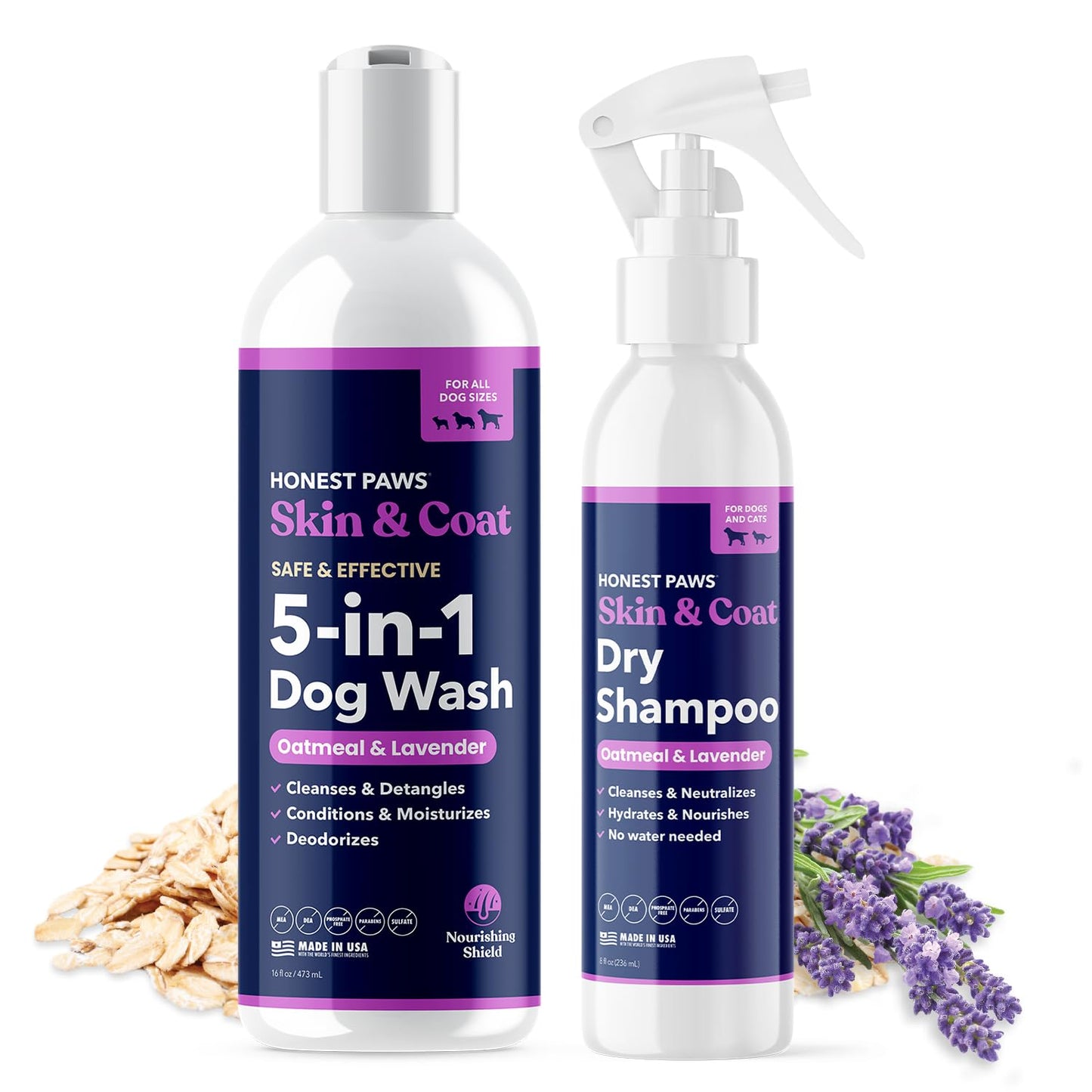 Honest Paws Dog Shampoo Conditioner - Grooming Bundle with Dry Shampoo - Cleanse, Moisturize, Deodorize, Condition, Detangle - Oatmeal & Lavender