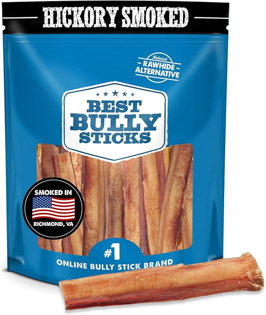 Best Bully Sticks Hickory Smoked Thick 6 Inch Bully Sticks - 18 Count (Pack of 1) - Natural, Grain and Odor-Free, Smoky Aroma, No Additives, Grass-Fed
