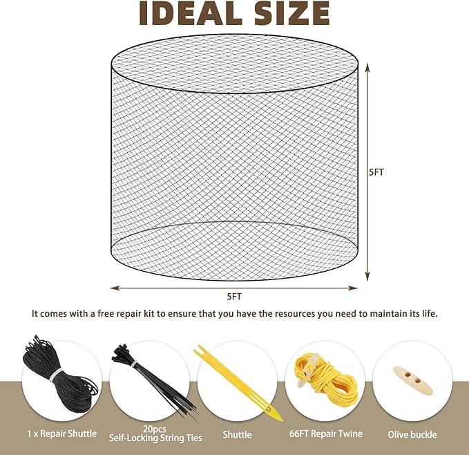 Large Round Bale Hay Net for Horses, 5x5 Ft Knotless Slow Feeder Hay Nets for Horses and Livestock, Black Heavy Round Bales with 2 inches Hole for Horses, Cattle, Sheep in Farms and Pastures