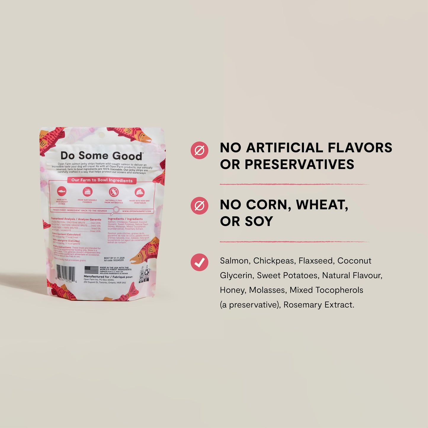 Open Farm, Dog Jerky Treats, Soft & Chewy Oven-Baked Jerky Strips Made with Ethically & Sustainably Sourced Ingredients, Protein Packed Dog Treats, Grain-Free Wild-Caugh Salmon Recipe, 5.6oz Pouch