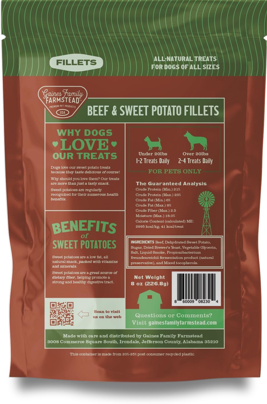 Gaines Family Farmstead Beef & Sweet Potato Fillets for Dogs - 8 oz, All-Natural, Grain-Free, Healthy Dog Treats for All Ages & Breeds, Made in USA