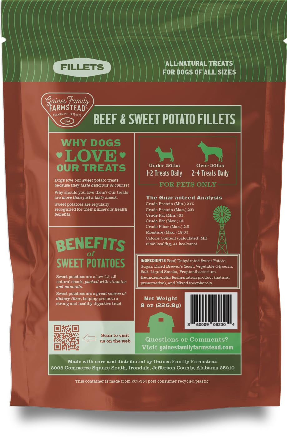 Gaines Family Farmstead Beef & Sweet Potato Fillets for Dogs - 8 oz, All-Natural, Grain-Free, Healthy Dog Treats for All Ages & Breeds, Made in USA