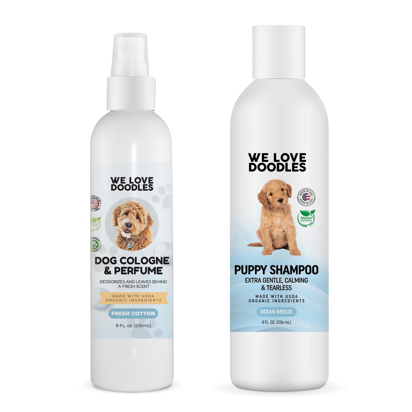 We Love Doodles Puppy Shampoo & Conditioner and Dog Cologne | Organic Ingredients | Sensitive & Itchy Skin Wash | Long Lasting After Bath | Puppies Odor Eliminator Spray | Made in USA