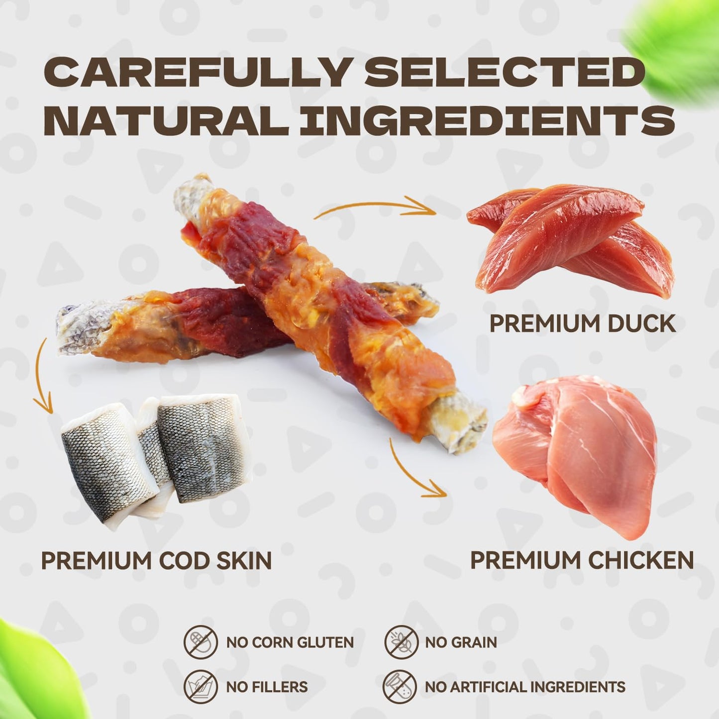 KUADELRO Chicken Duck Wrapped Cod Skin Sticks Dog Treats, Rawhide Free Dog Chews Long Lasting HealthTeeth Training Treats for Medium and Large Breed 10.58oz/12-14pcs