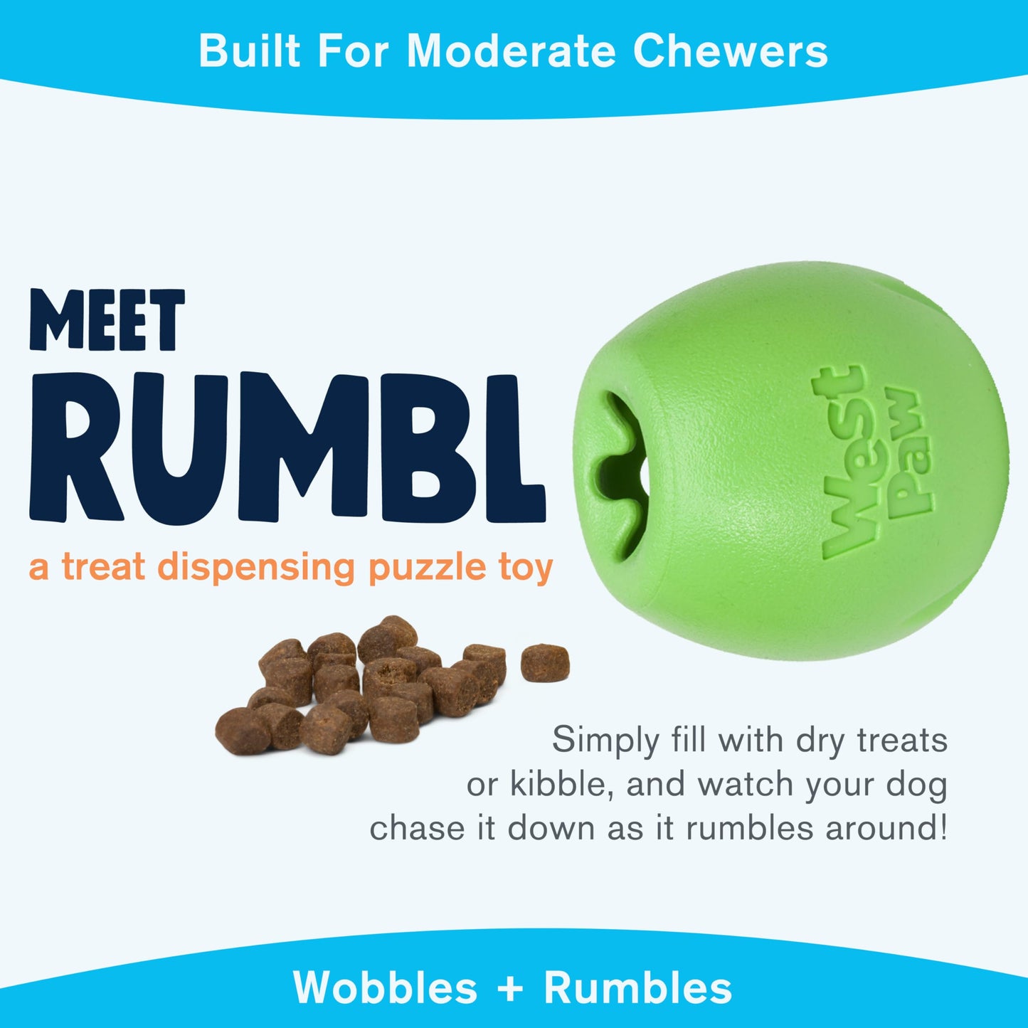 WEST PAW Zogoflex Rumbl Treat-Dispensing Dog Toy – Interactive Slow-Feeder Chew Toy for Dogs – Dog Enrichment Toy – for Moderate Chewers, Fetch, Catch – Holds Kibble, Treats (Jungle Green, Small)