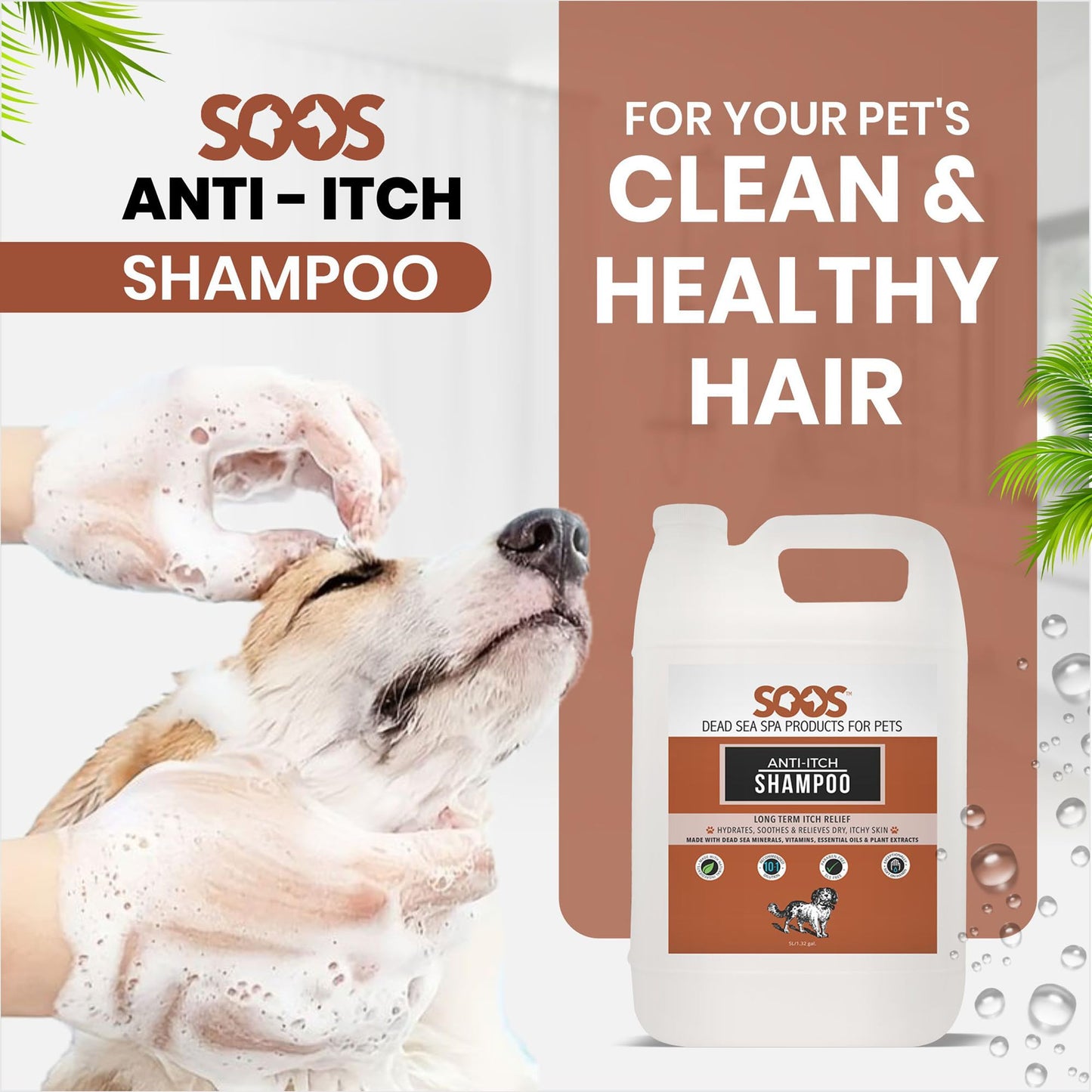 Soos Pet Shampoo Anti-Itch Natural Dead Sea Minerals Cat and Dog Shampoo with Vitamins Essential Oils Natural Ingredients Soothes Itching Clean Fur - 1x Pets Shampoo (4L)