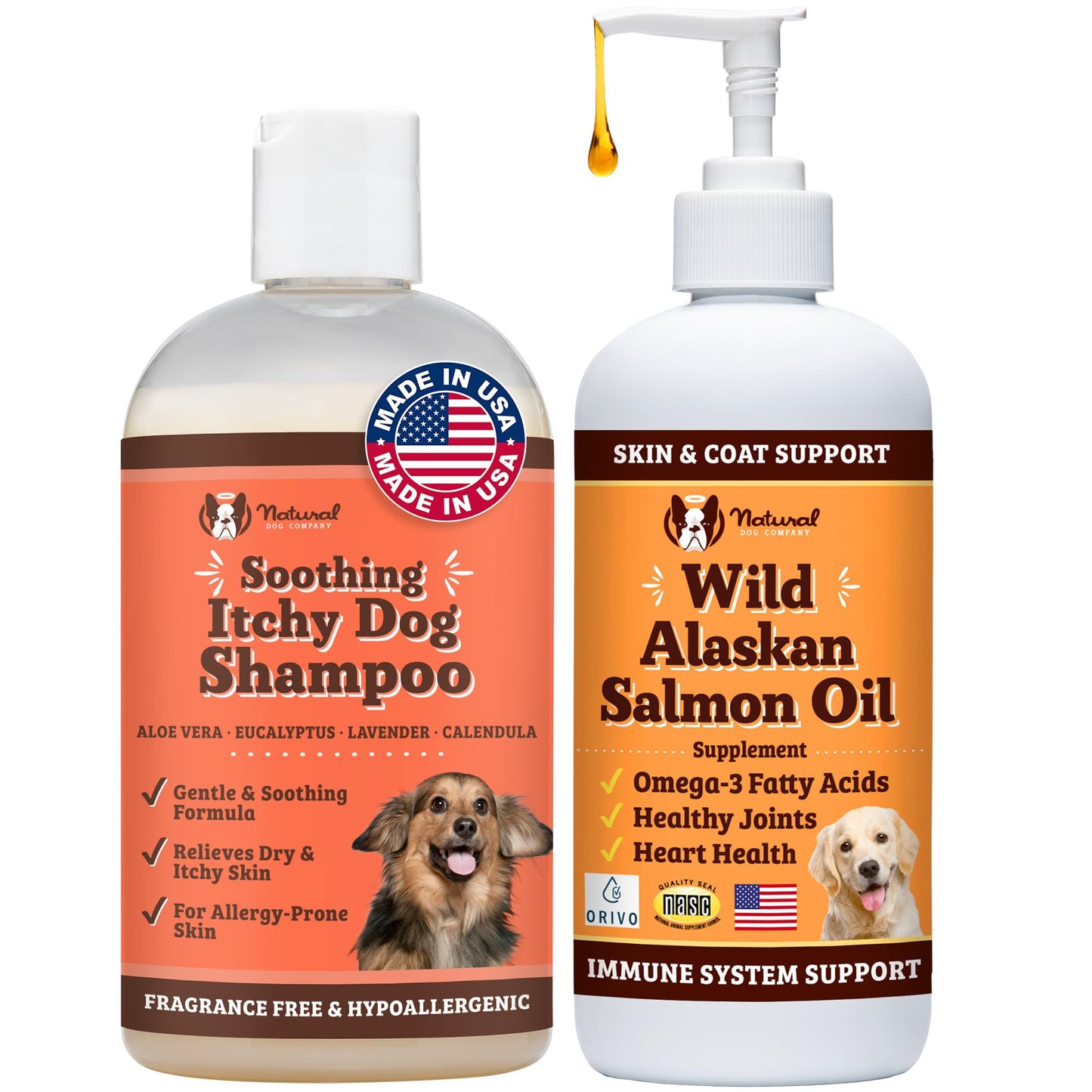 Natural Dog Company Itchy Dog Shampoo (12 oz) Bundle with Wild Alaskan Salmon Oil (16 oz) | Hypoallergenic Shampoo and Sensitive Skin Supplement | Soothing Relief for Recurring Skin Conditions
