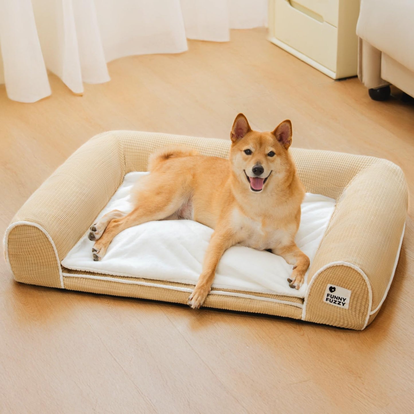 FUNNY FUZZY Orthopedic Dog Bed – Washable Dog Bed with Double Layer Plush Cushion Sofa Style Design with Bolstered Sides for Small Medium & Large Dogs Removable Cover M Size (23.6"x19.7"x6.9") Beige