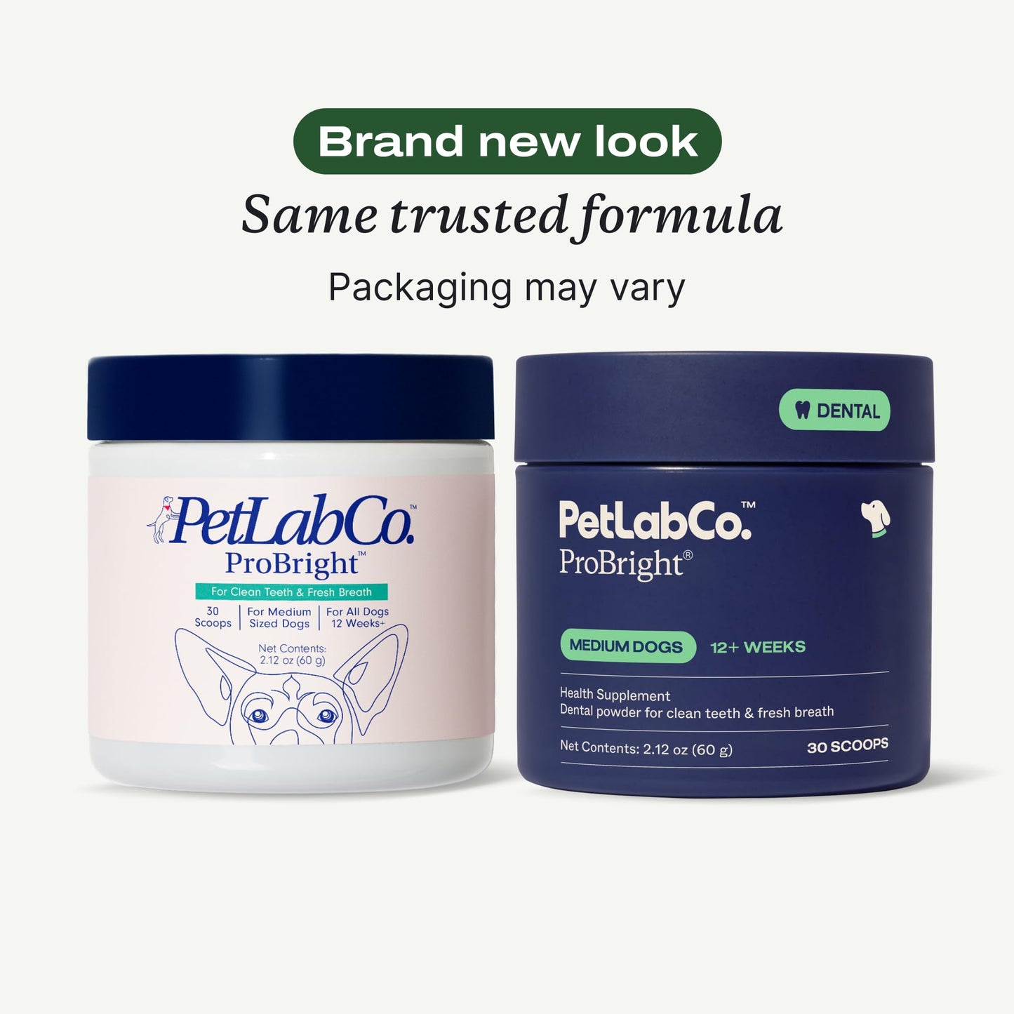 PetLab Co. ProBright Dental Powder - Dog Breath Freshener - Teeth Cleaning Made Easy – Targets Tartar & Bad Breath - Formulated for Medium Size Dogs - Packaging May Vary