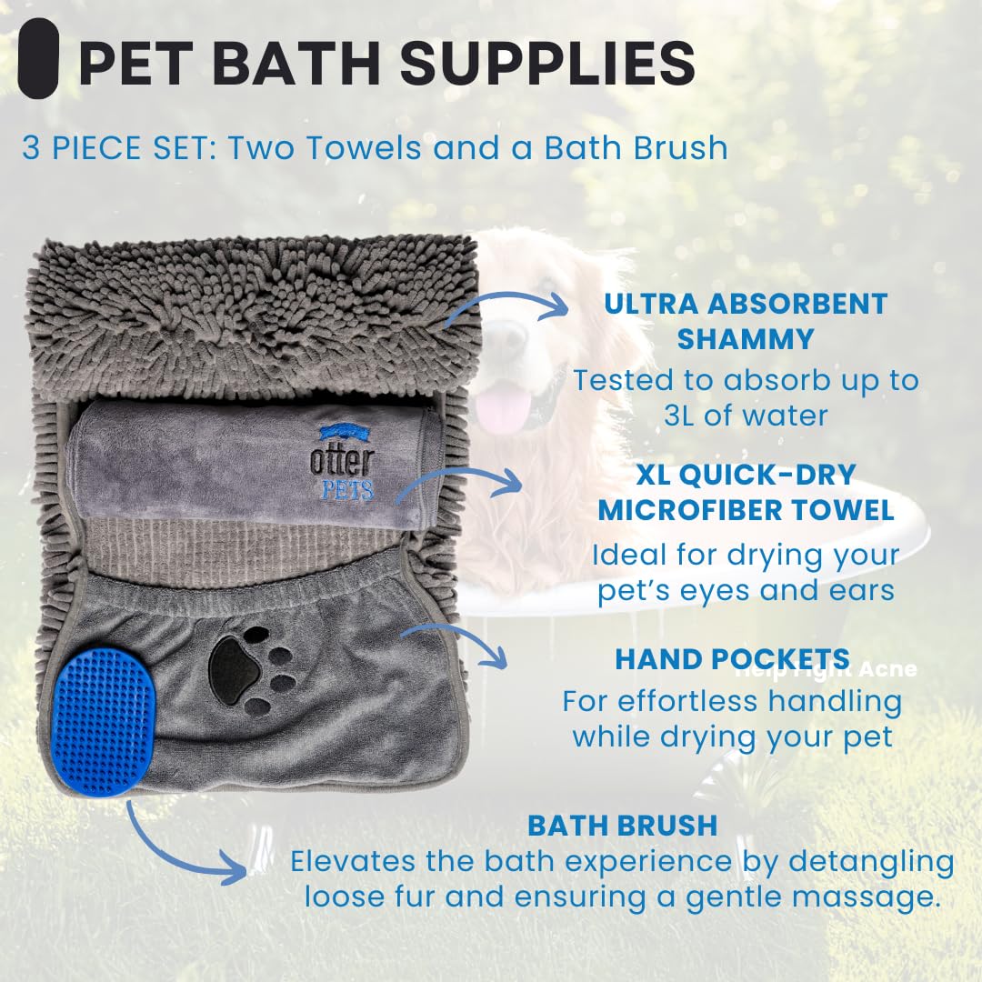 OtterPets 3 Piece Set: 2 Dog Towels and Dog Bath Brush. Dog Shammy and Microfiber Dog Towel. Super Absorbent Towels, Dog Bath Supplies, Dog Scrubber for Bath