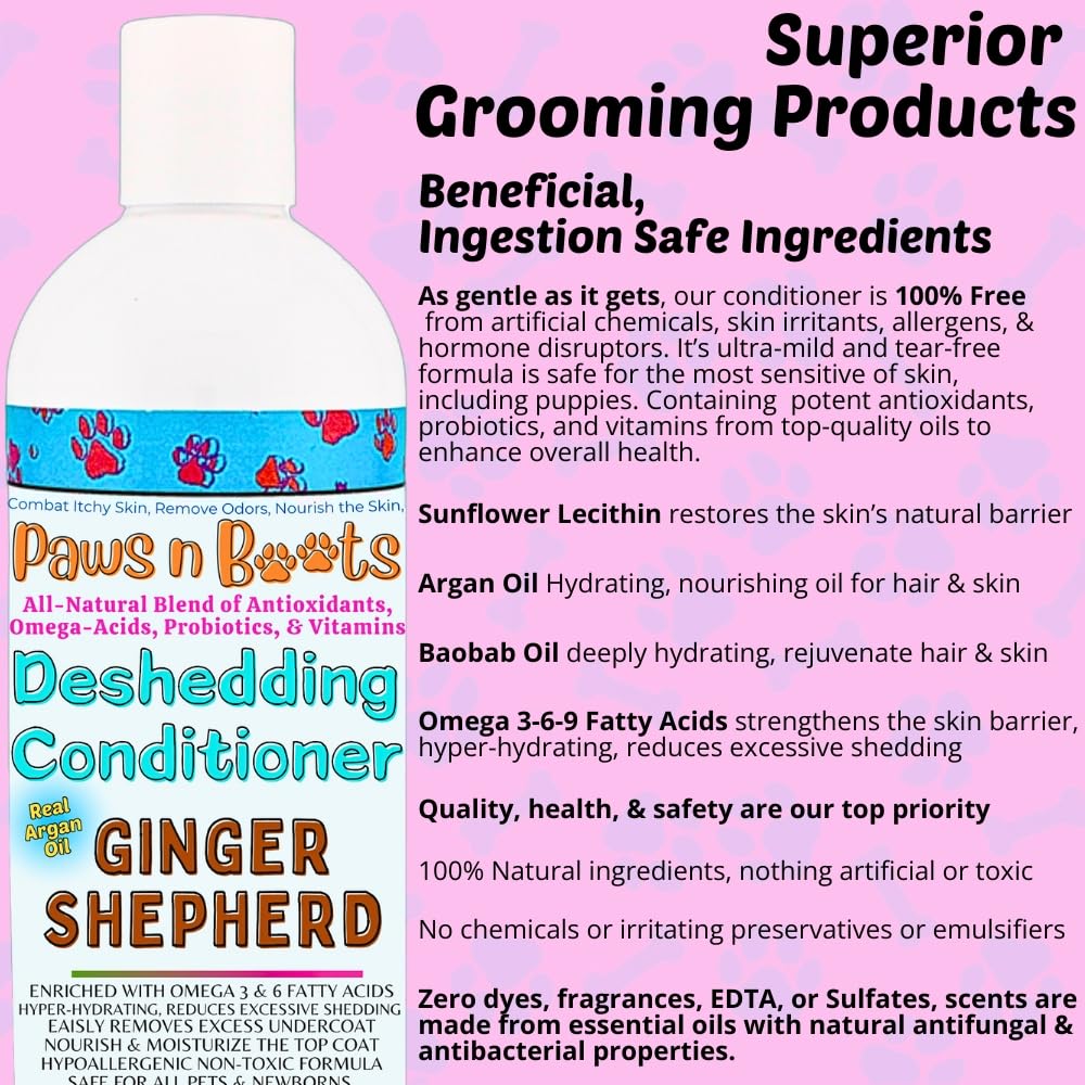 Deshedding Conditioner Omega Fatty Acids 3 6 9. Real Argan Oils All-Natural, Organic, & Non-Toxic to Pets Condition, Hydrate, & Nourish the Coat. Hypoallergenic, Tearless, Control Odor Made in USA 16oz Ginger