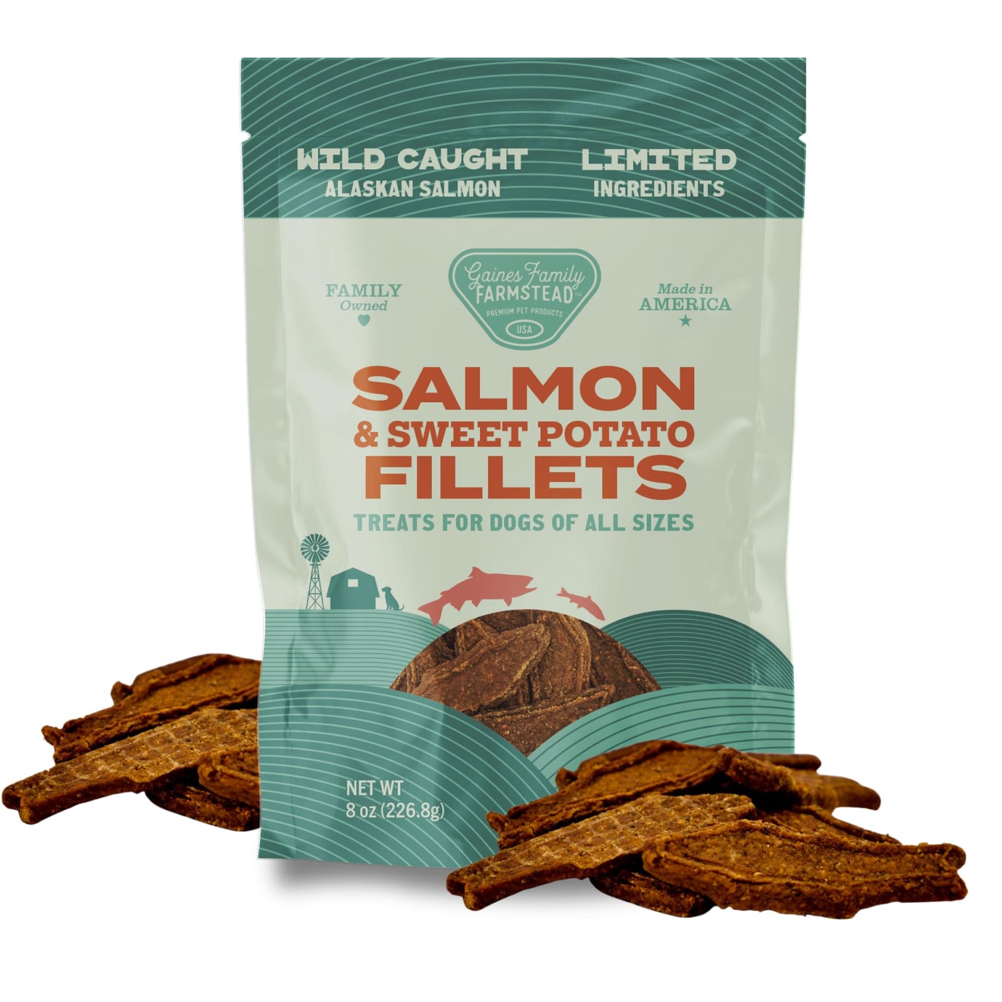 Gaines Family Farmstead Salmon & Sweet Potato Fillets for Dogs - 8 oz Pouch, All-Natural Dog Treats – Wild Caught Alaskan Salmon, Soft Chew, Limited Ingredients, Made in USA