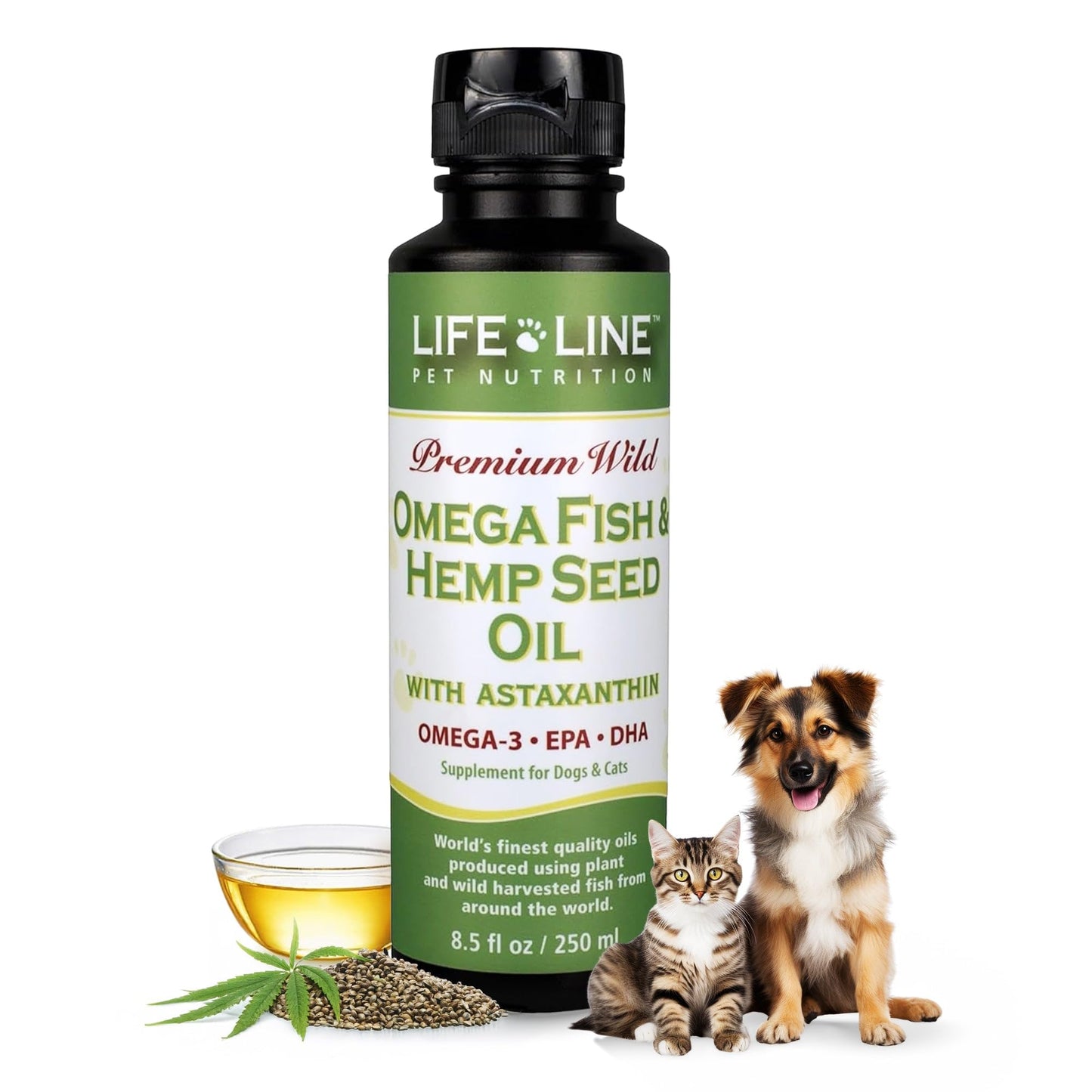 Lifeline Premium Omega 3 Fish & Hemp Oil for Dogs & Cats | Wild Caught | Skin, Coat & Joint Support | Pet Calming Supplement with Astaxanthin | Supports Pain Relief – 8.5 oz