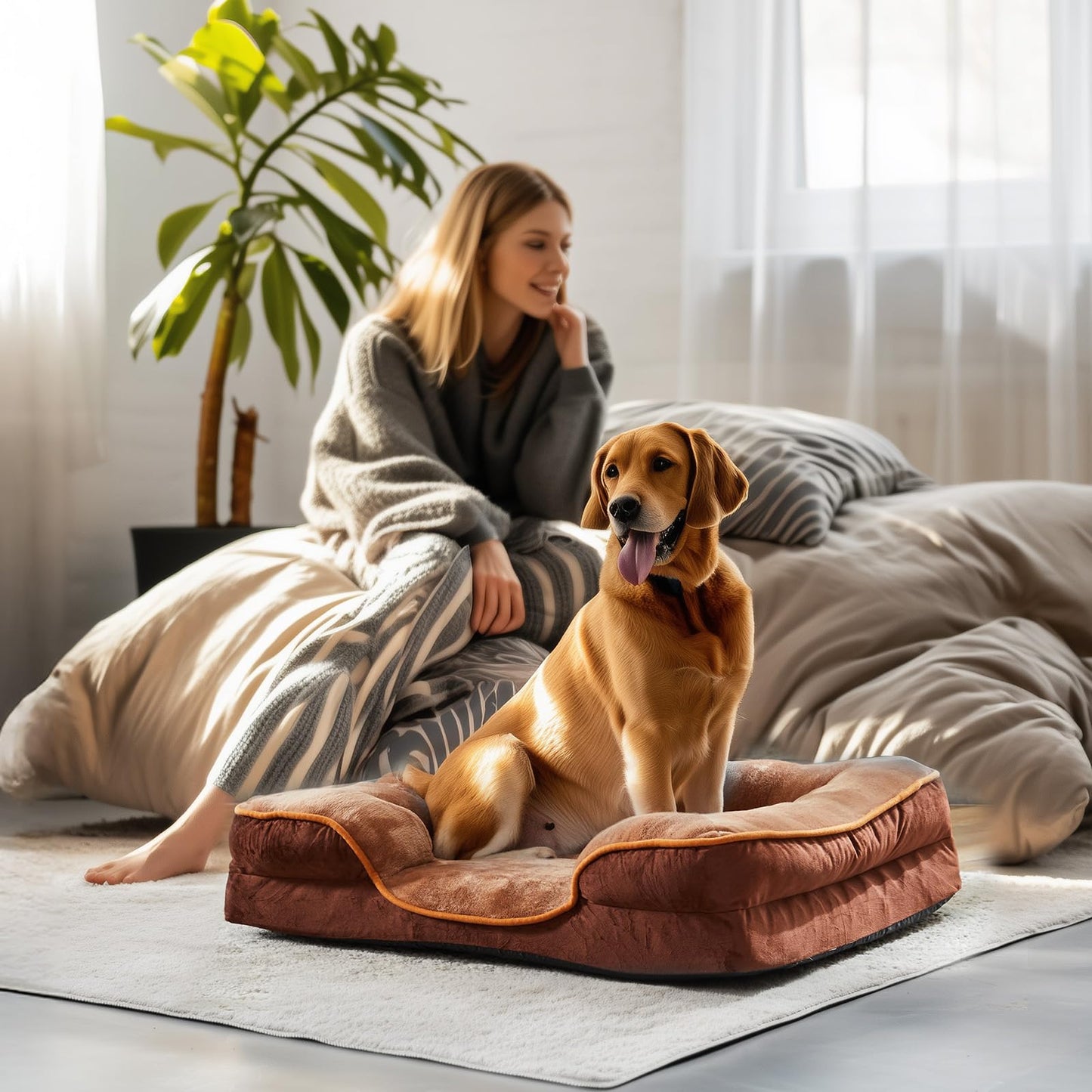 DUMOS Orthopedic Memory Foam Dog Bed with Bolster–Washable Cover, Waterproof Liner & Non-Slip Bottom, Supportive Pet Sofas, Brown