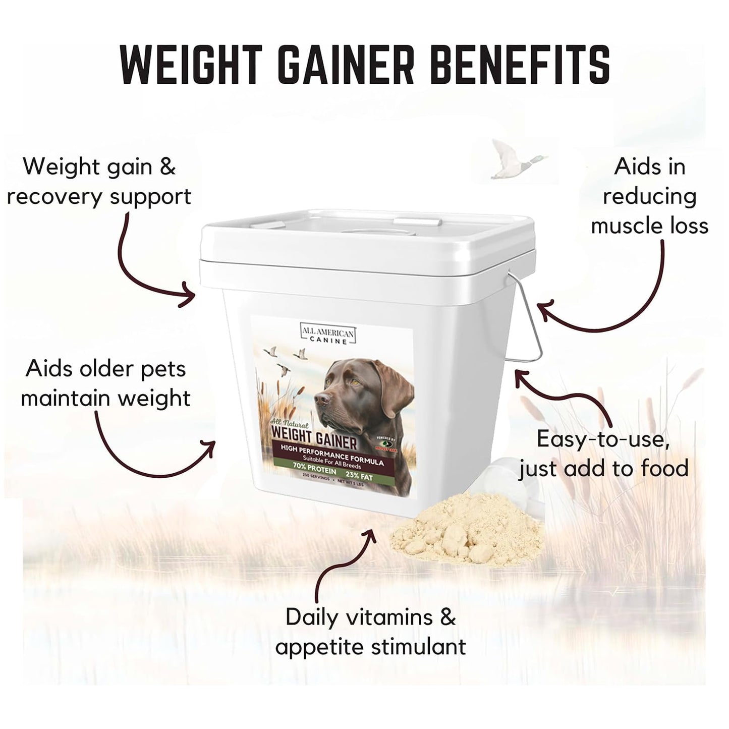 All American Canine Bulk Dog Weight Gainer – High Calorie Dog Food Supplement & Protein Powder for Rapid Weight Gain, Mass, and Recovery – Appetite Stimulant – 230 Servings
