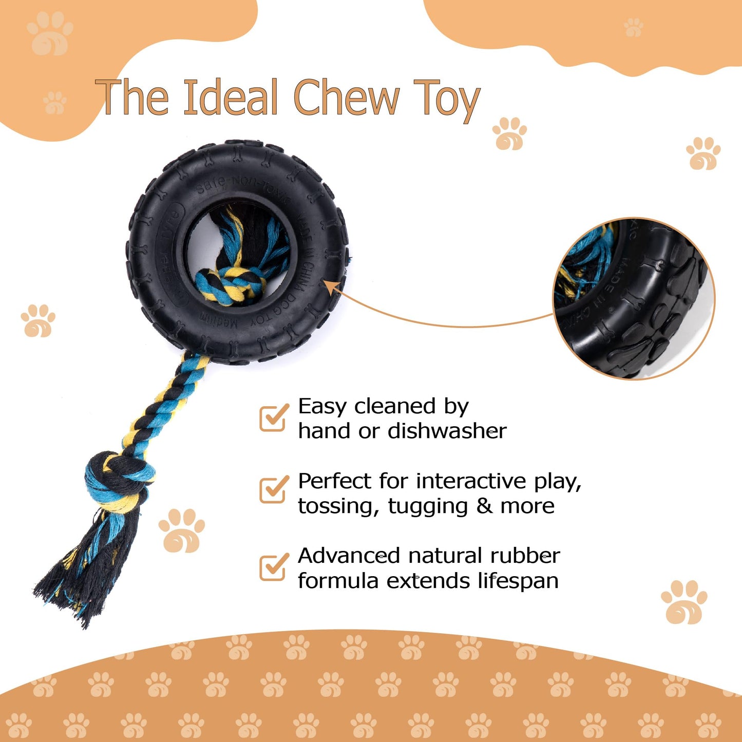 Wagably Tire Dog Toy with Cotton-Poly Rope - Rubber Toy for Extreme Chewers - Interactive Fun Play for Aggressive Chewers for Medium and Large Dogs - Safe and Durable Rope Tug Chew Toy for All Breeds