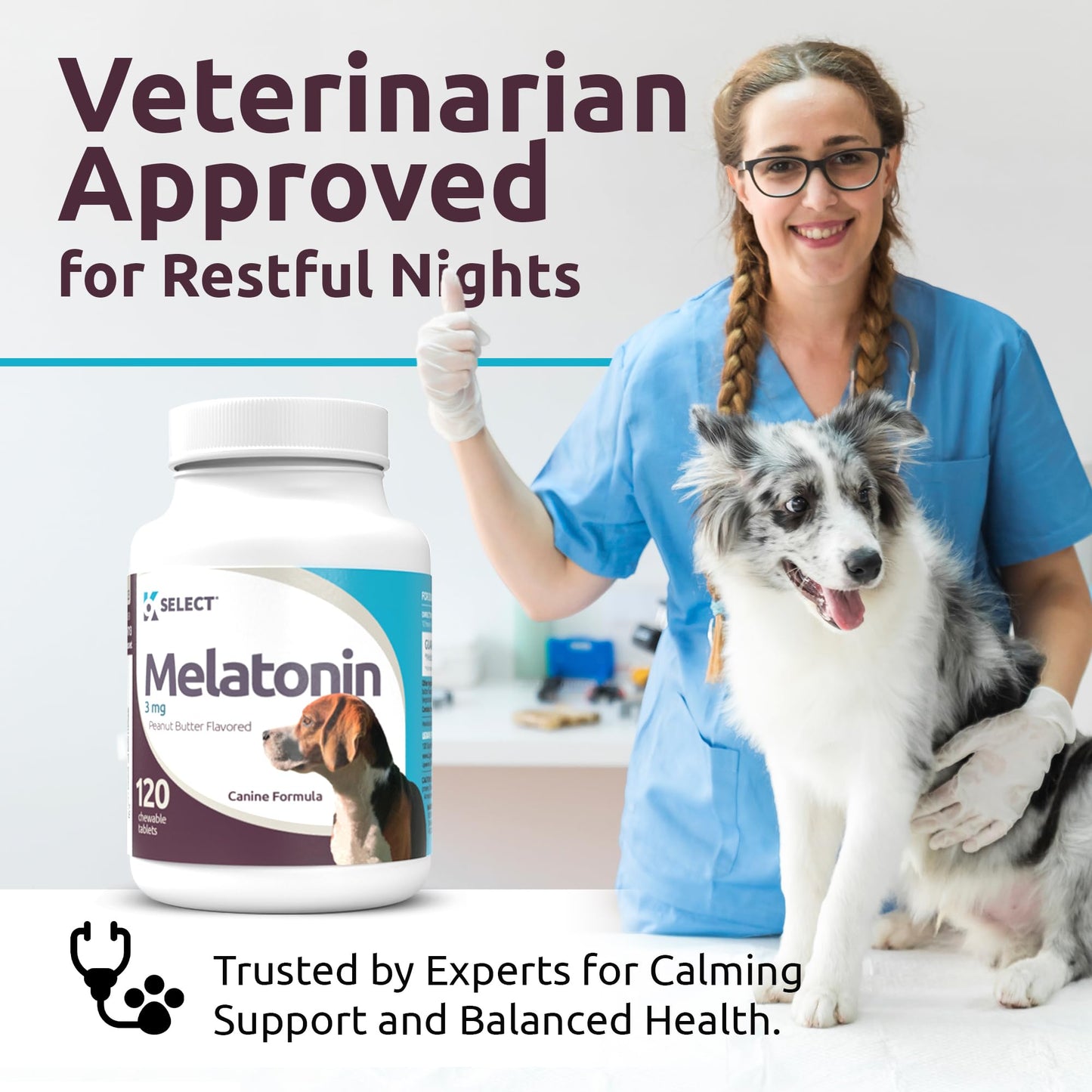 K9 Select Melatonin for Dogs - Calming Aid - Adrenal Support Sleep Aid - Reduce Stress, Pet Melatonin Treats for Medium Sized - 3 mg, 120 Peanut Butter Flavored Tablets