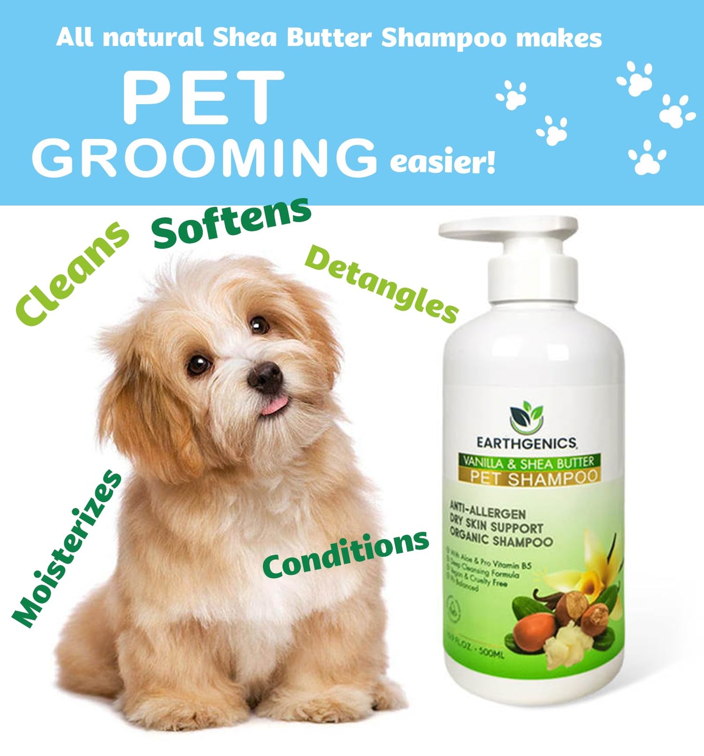 Earthgenics® Anti-Allergen, Dry Skin Support, Organic Shampoo for Dogs and Cats. All-in-One Solution. No Need for Additional Conditioner - 16 fl oz