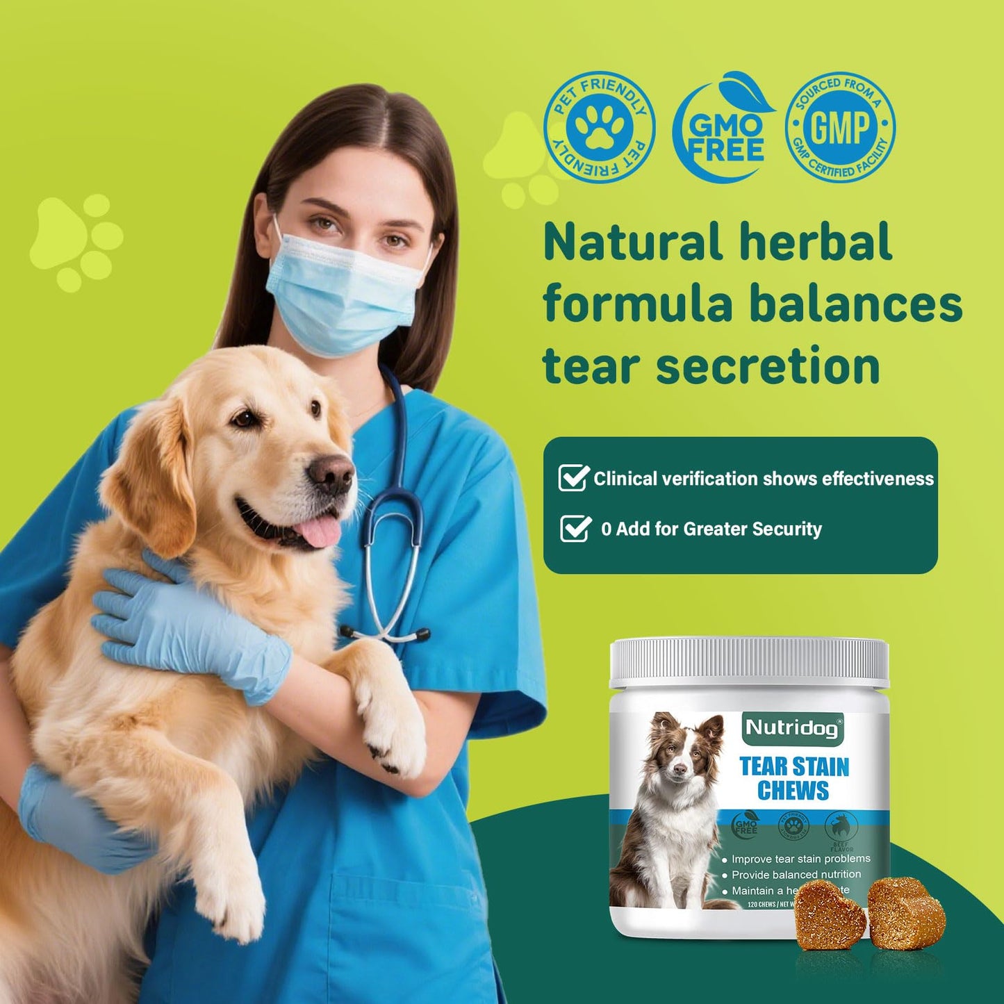 Nutridog Tear Stain Chews for Dogs - Dog Tear Stain Remover & Supplement with Antioxidant Blend, Vitamin C, Lutein - 120ct Beef Flavor Soft Chews for Eye Health & White Fur Care (ND-038)