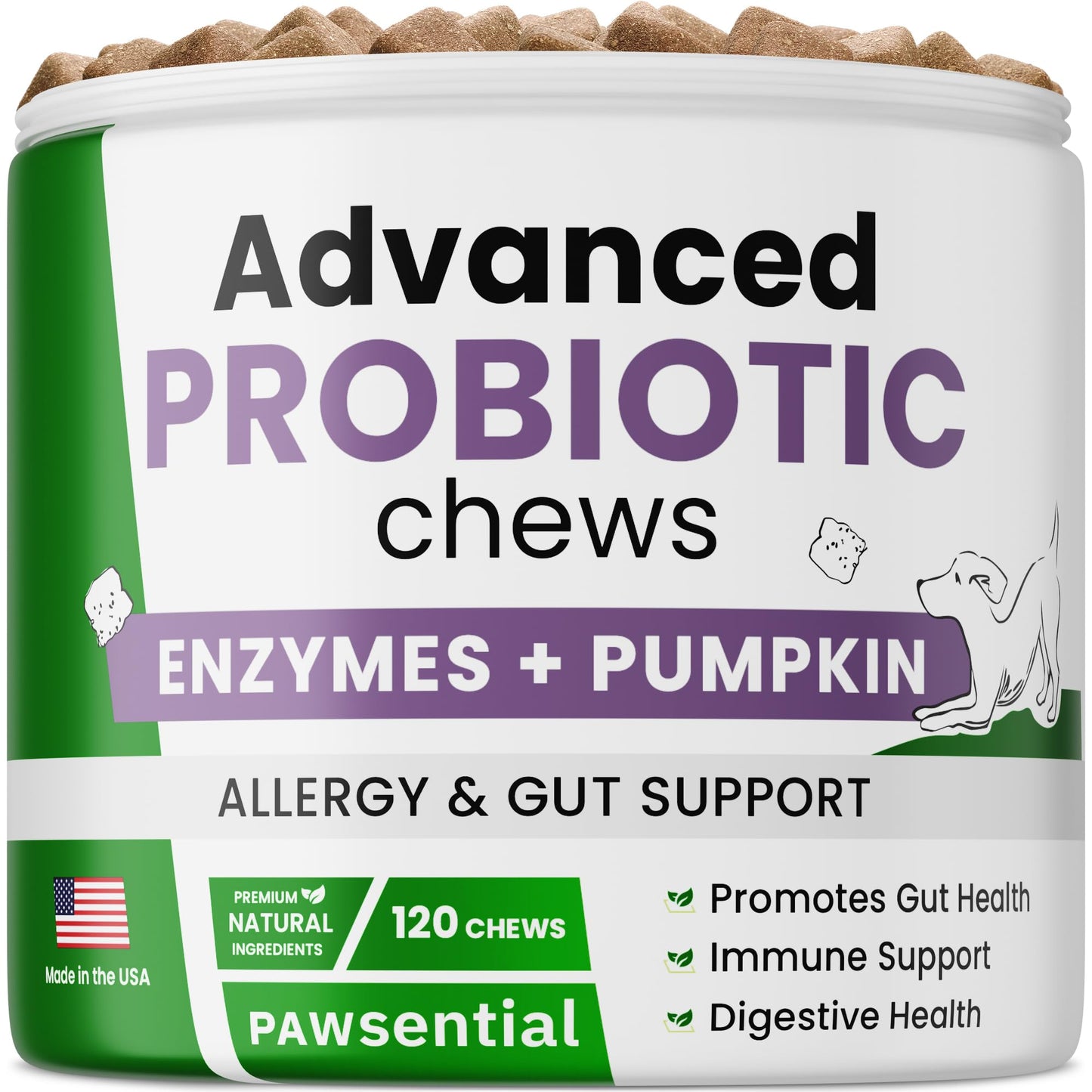 Probiotic, Enzyme, Prebiotic, Dog Chews for Digestive Support - Helps with Stool Consistency, Gas, Constipation, Diarrhea - 120 Chews Single Pack Duck