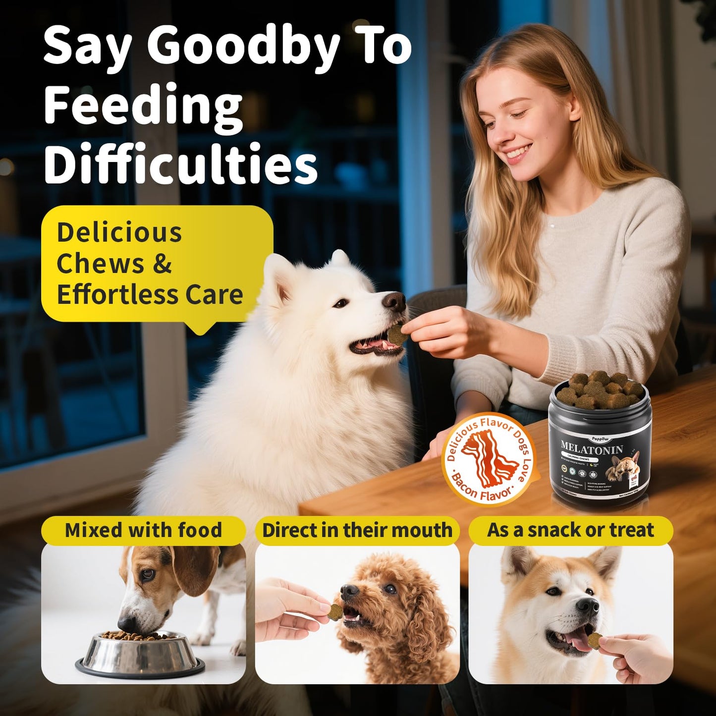 POPPAW Melatonin for Dogs, Calming Chews with Valerian Root & L-Theanine for Sleep Aid & Emotional Support, Calming Treats for Stress Anxiety Relief - Thunder, Fireworks, Barking, Bacon Flavor, 60Ct