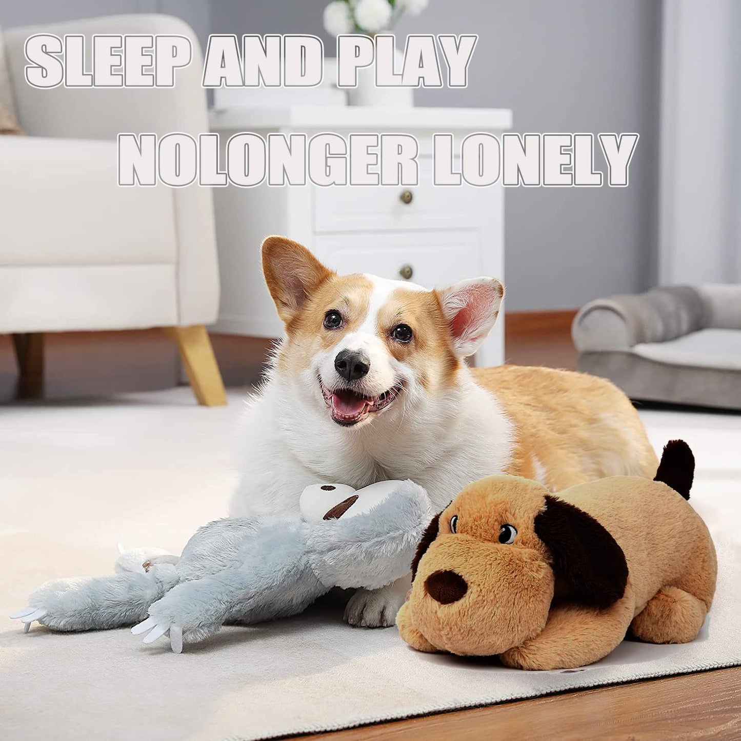 Dog Heartbeat Toy for Puppy Anxiety Relief, Heartbeat Stuffed Animal Heartbeat Plush Toy for Small, Medium, and Large Dogs (Beige)