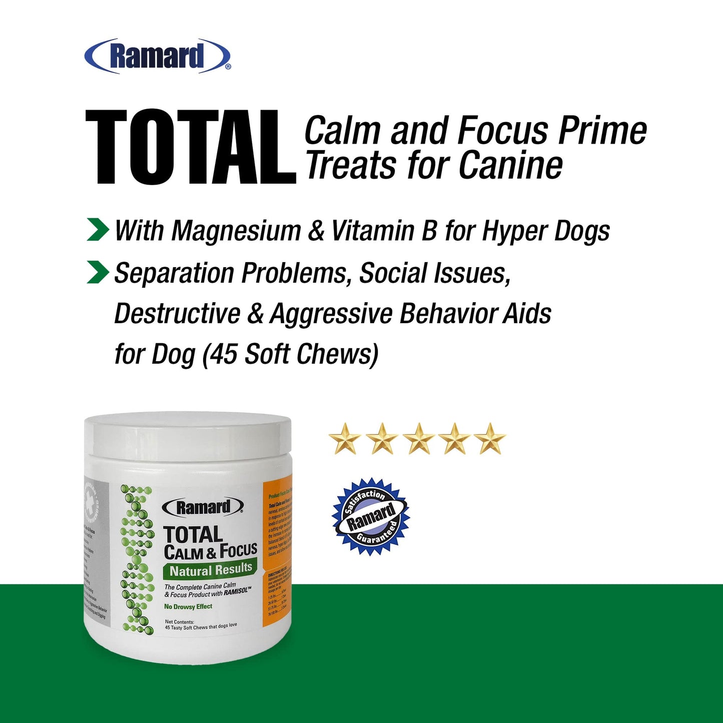 Ramard Total Calm & Focus Dog Treat Supplement - Natural Calming Chews with Magnesium & B-Vitamins - 45 Soft Chews for Canine Calmness During Training, Grooming, and Everyday Enjoyment