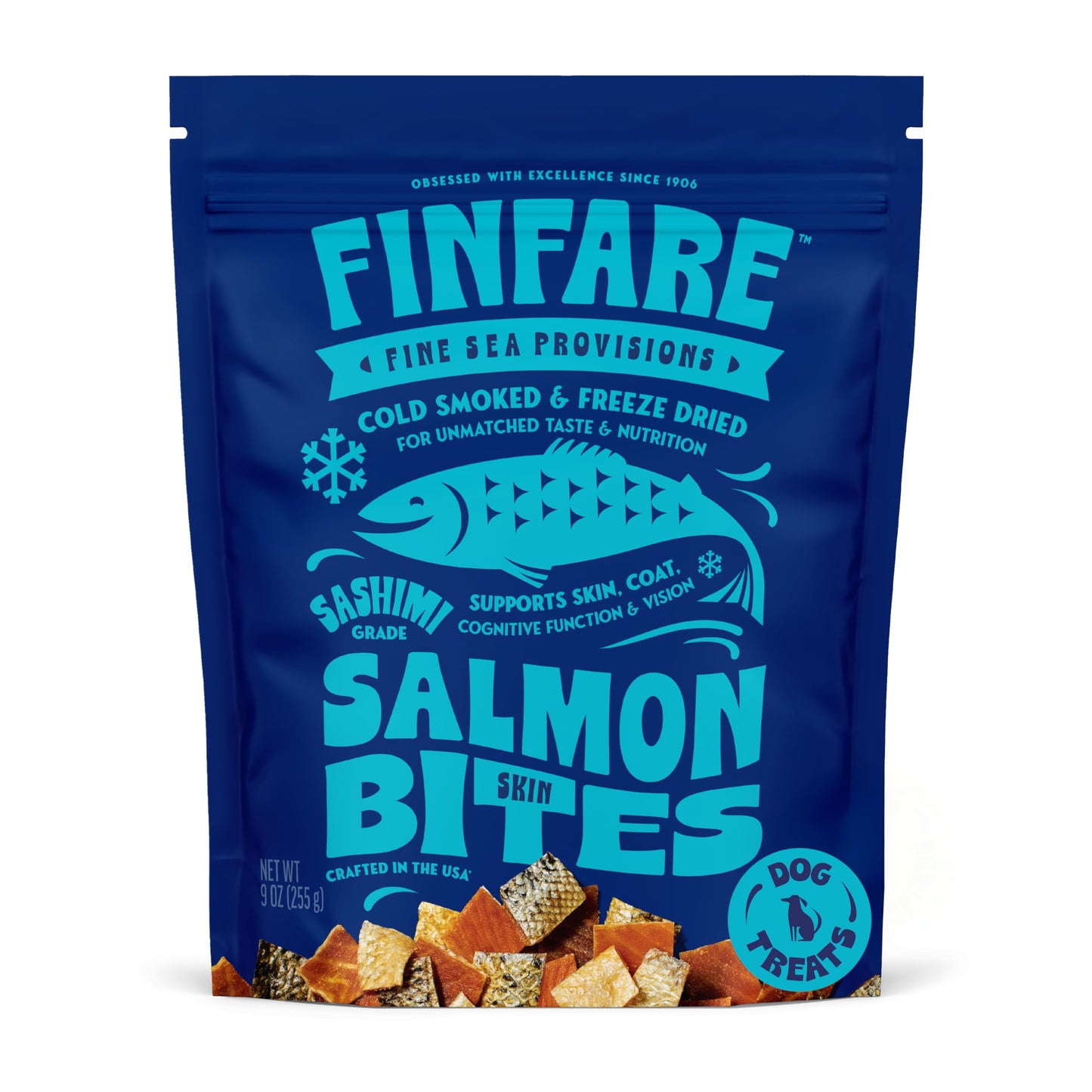 Finfare Freeze Dried Dog Treats, Salmon Skin Bites, Protein & Omega-3s, Grain Free Salmon Dog Training Treats, Crafted in USA, 9oz