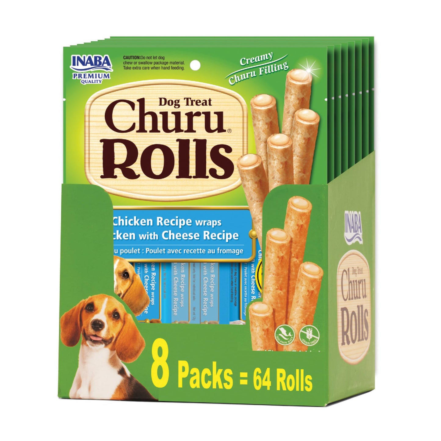 INABA Churu Rolls for Dogs, Soft & Chewy Baked Chicken Wrapped Filled Dog Treats, 0.42 Ounces Each Tube, 64 Tubes Total, Chicken with Cheese Recipe