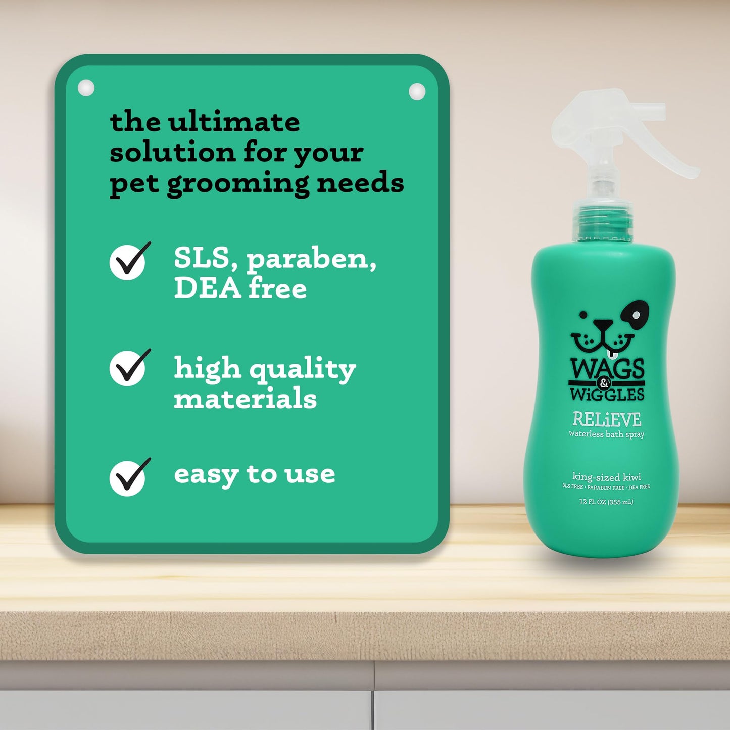 Wags & Wiggles Relieve Dog Anti-Itch Spray, Kiwi Scent - Waterless Dry Shampoo for Dogs With Dry, Itchy, Or Sensitive Skin - Fruity Scent Your Dog Will Love, 12 Fl Oz