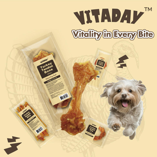VITADAY Turkey Tendon Bone (S) Pack of 4, 100% Natural, USA-Sourced Turkey Tendon, High-Protein, Low-Fat, Long-Lasting Dog Chew, Rawhide Alternative, Hypoallergenic Puppy & Dog Treats