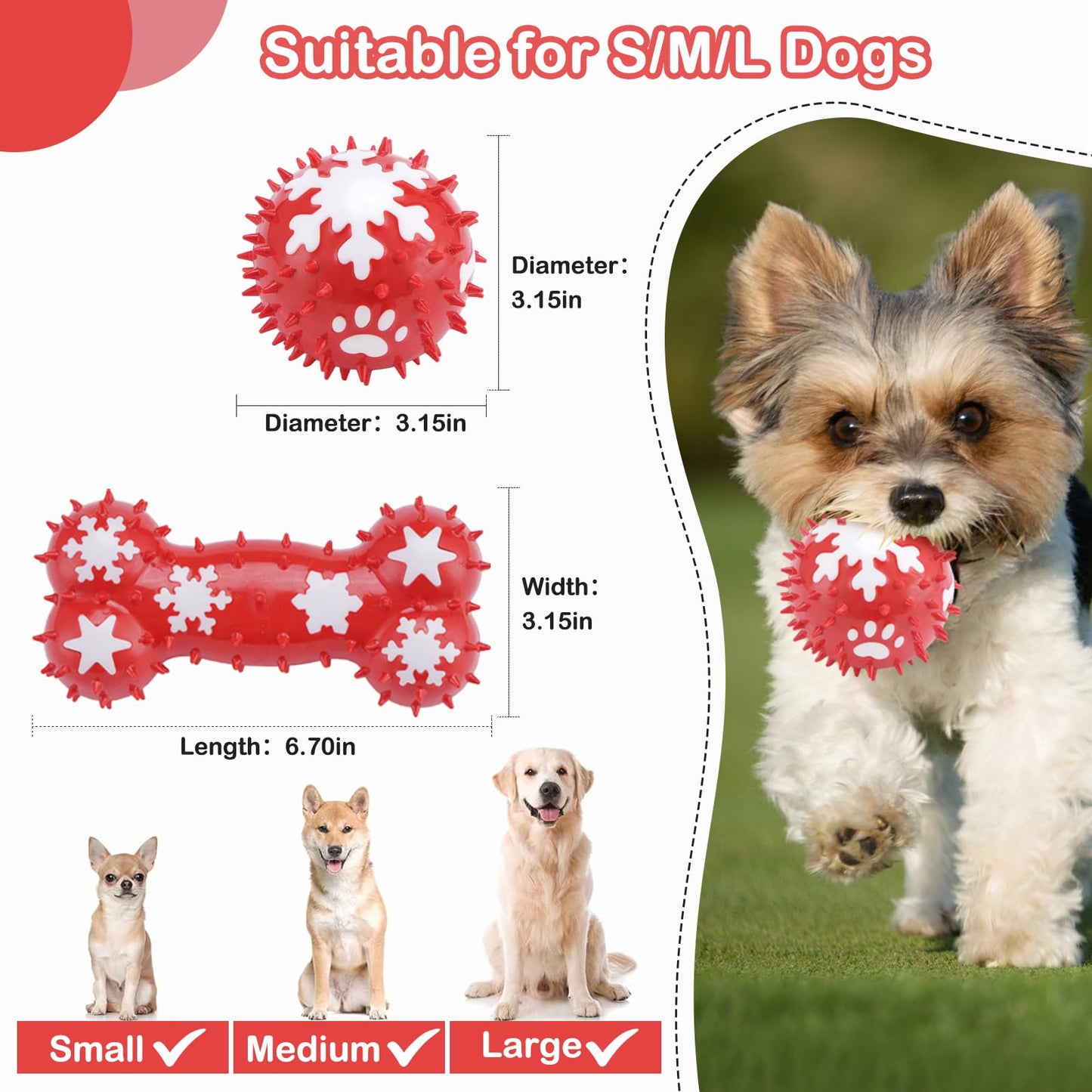 2 Pack Dog Toys - Bone & Ball Chew Toys, Teething Toys for Aggressive Chewers Durable Tough Chew Toys for Small/Medium/Large Breeds Snowflake Bone Pattern (Red, Ball+Bone)