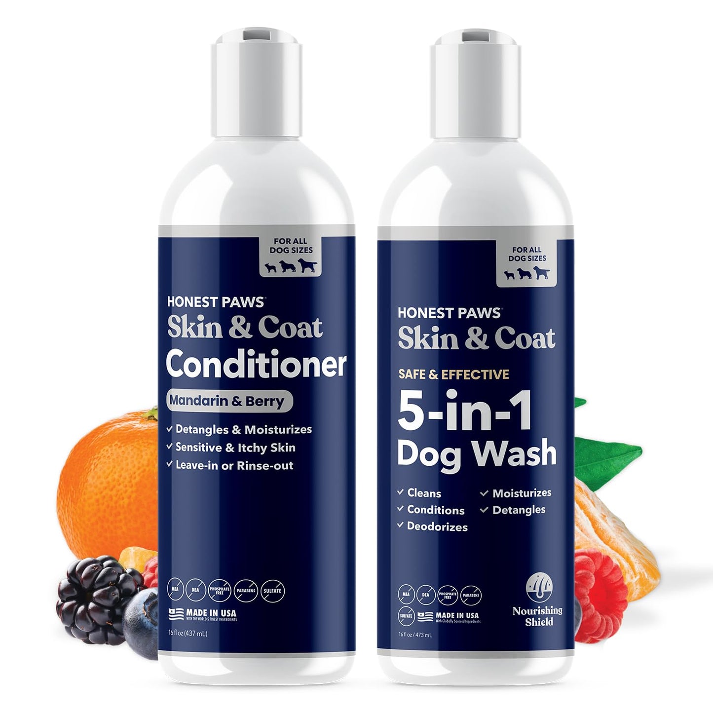 Honest Paws Dog Shampoo & Conditioner - Pet Grooming Bundle - Cleanse, Moisturize, Deodorize, Condition, Detangle - Mandarin & Berry