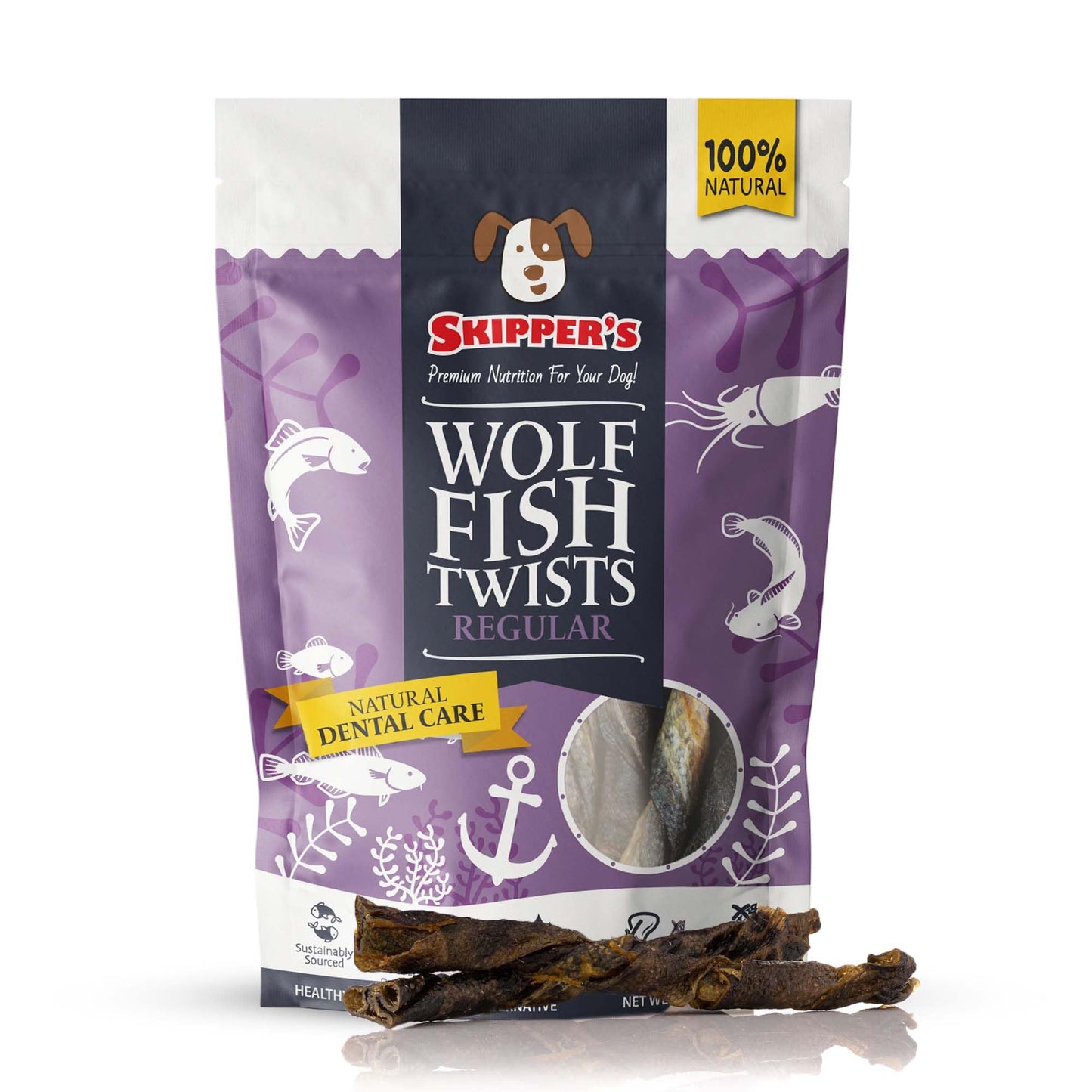 SKIPPER'S Wolf Fish Skin Twists Dog Chews - 100% Fish Skin Grain Free Treats for Dogs, High in Protein & Low in Fat, Essential Omega 3 Oils | Great for Teeth (Regular, 9 Oz)
