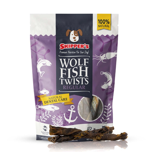 SKIPPER'S Wolf Fish Skin Twists Dog Chews - 100% Fish Skin Grain Free Treats for Dogs, High in Protein & Low in Fat, Essential Omega 3 Oils | Great for Teeth (Regular, 9 Oz)