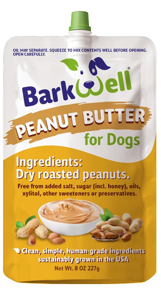 BarkWell Peanut Butter Squeeze - 8oz Pouch All-Natural Dog Peanut Butter, Sourced and Made in The USA Grain Free Dog Treat 100% Natural, Lick mat Topper, Puzzle Toy Fill