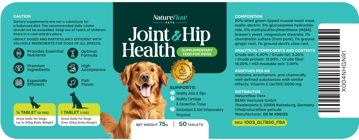 Hip and Joint Supplement for Dogs 50ct, Power of Nature Made in USA, Up to 100 Days Unique Formula: Green-Lipped Mussel, Glucosamine, Chrondroitin, MSM, Devils Claw, All Breeds (Small and Large Breed)