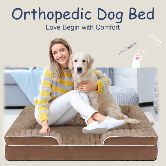 Orthopedic Dog Bed for Large Medium Sized, Washable Memory Foam Large Dog Bed Premium Soft Corduroy Fleece, Durable Medium Pet Sofa with Removable Cover, Washable Waterproof Pet Couch Beds(Brown,L)