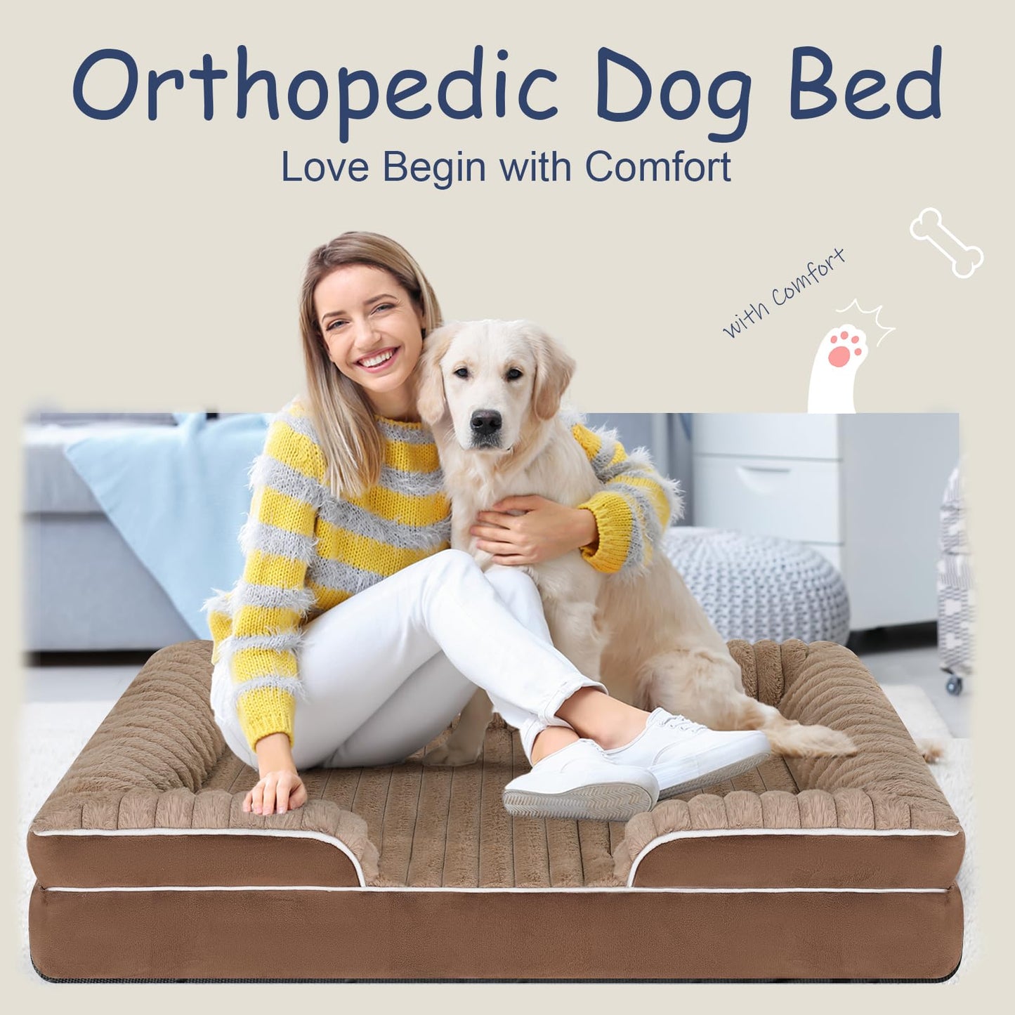 Orthopedic Dog Bed for Large Medium Sized, Washable Memory Foam Large Dog Bed Premium Soft Corduroy Fleece, Durable Medium Pet Sofa with Removable Cover, Washable Waterproof Pet Couch Beds(Brown,XL)